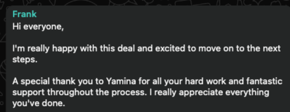 Investor Frank thanking Yamina